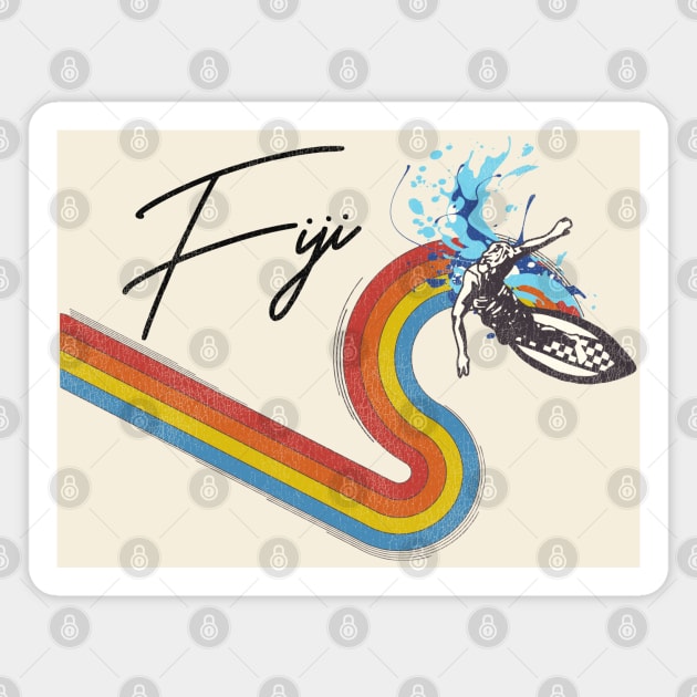 Retro 70s/80s Style Rainbow Surfing Wave Fiji Magnet by darklordpug